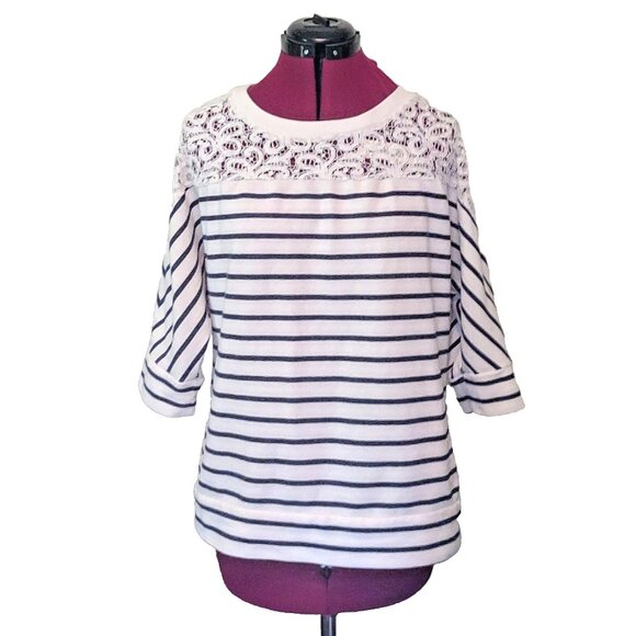 a.n.a Knit Top Multicolor Womens Size Large Striped Lace Short Sleeves - Picture 1 of 7